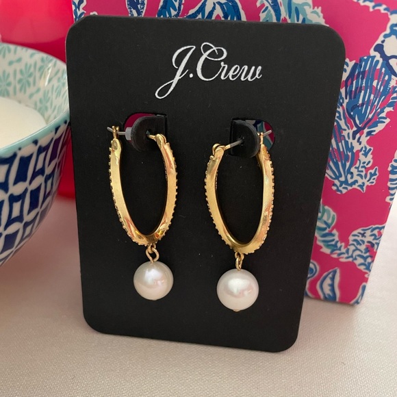 J.CREW Twist Pave’ Pearl Drop Earrings NWT  OS Pearl - Picture 1 of 10